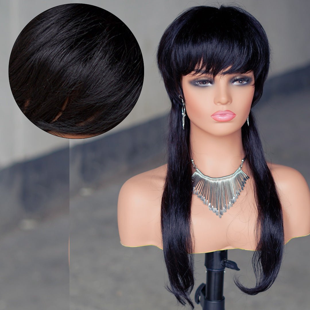 Mullet Wig Human Hair - Wolf Tail Pixie Elf 18" Black Machine Made - WigWonders