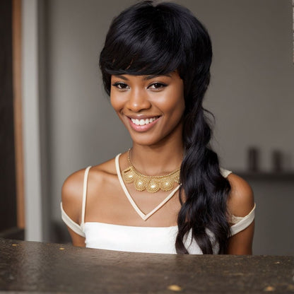 Mullet Wig Human Hair - Wolf Tail Pixie Elf 18" Black Machine Made - WigWonders