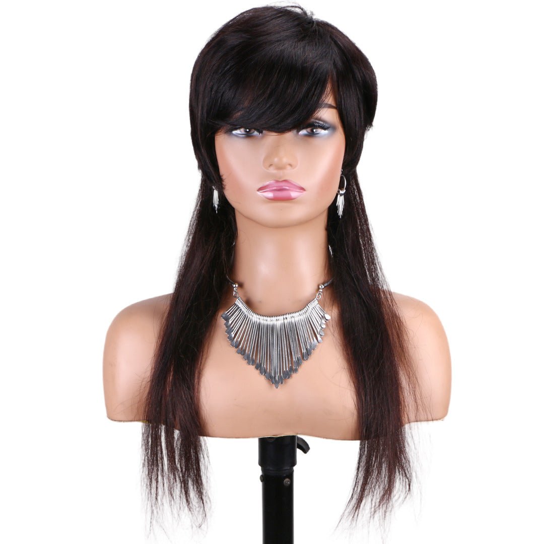 Mullet Wig Human Hair - Wolf Tail Pixie Elf 18" Black Machine Made - WigWonders