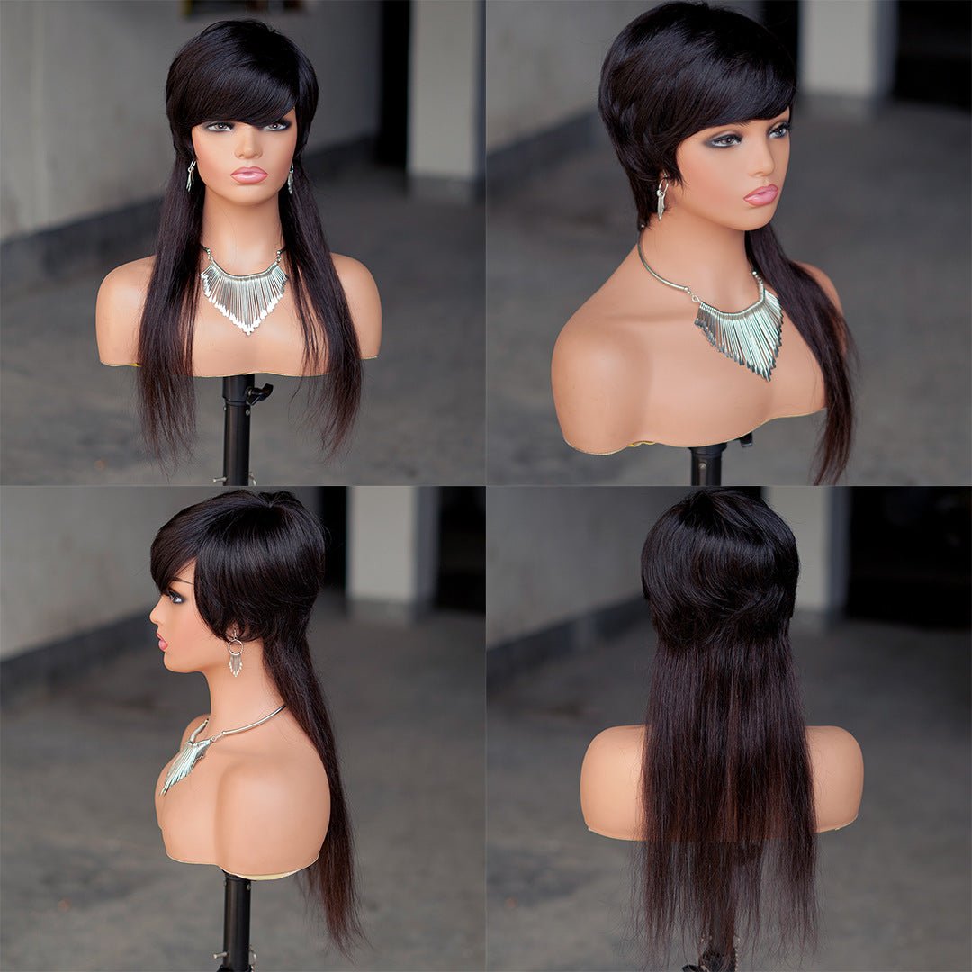 Mullet Wig Human Hair - Wolf Tail Pixie Elf 18" Black Machine Made - WigWonders