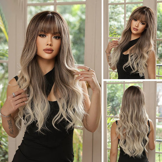 Ombre Ash Blonde Long Wavy Synthetic Full Wig - WigWonders