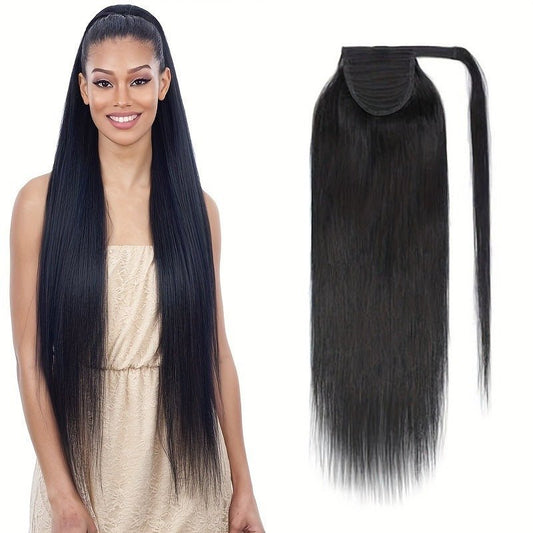 Seamless Wrap - Around Straight Human Hair Ponytail Extension - Natural Black - WigWonders