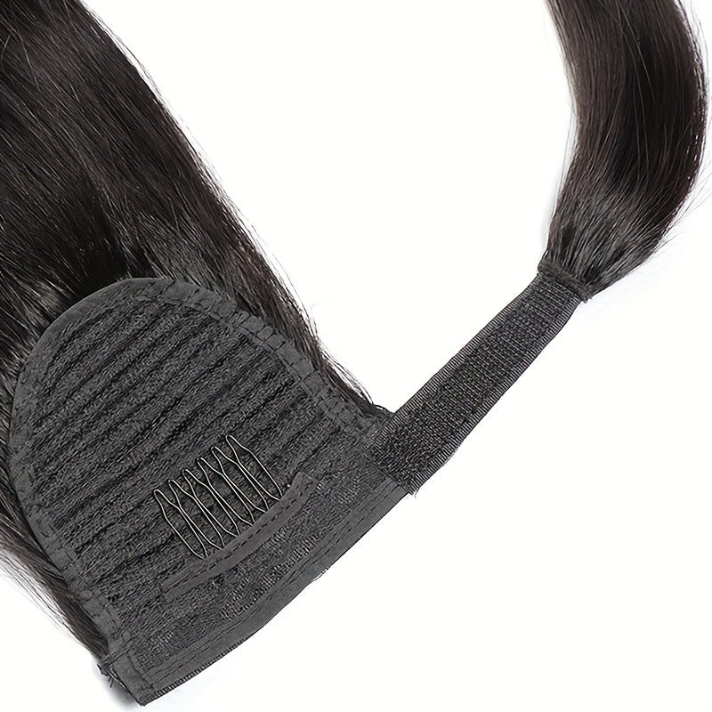 Seamless Wrap - Around Straight Human Hair Ponytail Extension - Natural Black - WigWonders