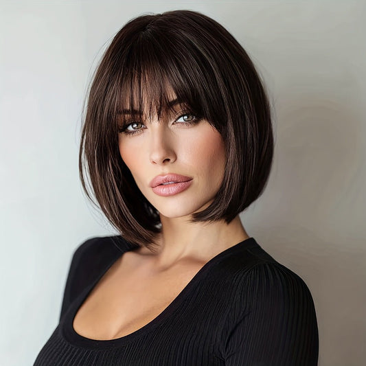 Short Bob Wig with Bangs - Brown Synthetic - WigWonders