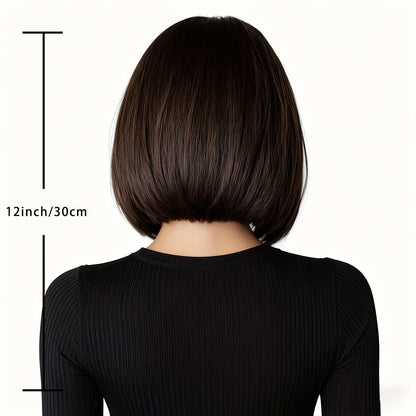 Short Bob Wig with Bangs - Brown Synthetic - WigWonders