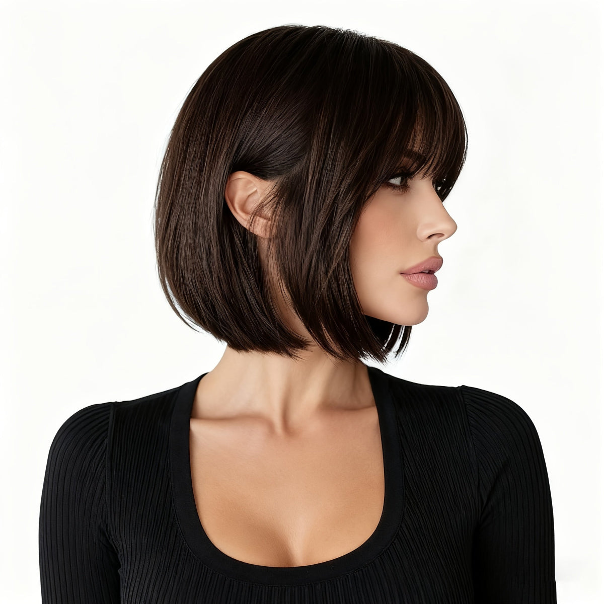 Short Bob Wig with Bangs - Brown Synthetic - WigWonders