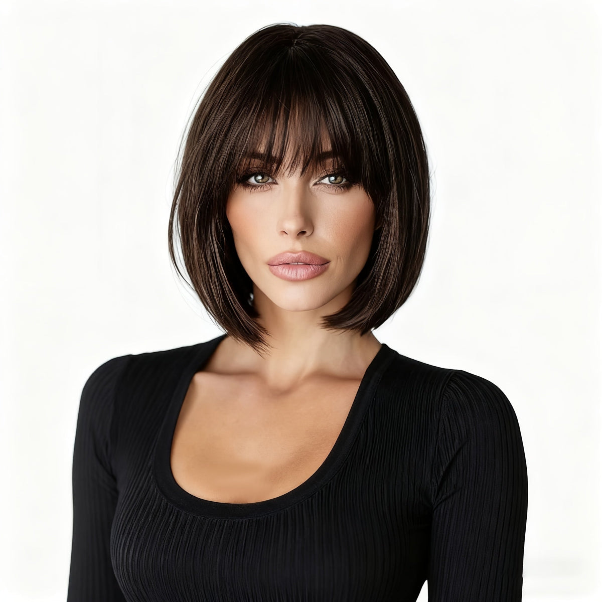 Short Bob Wig with Bangs - Brown Synthetic - WigWonders
