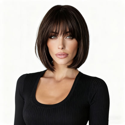 Short Bob Wig with Bangs - Brown Synthetic - WigWonders