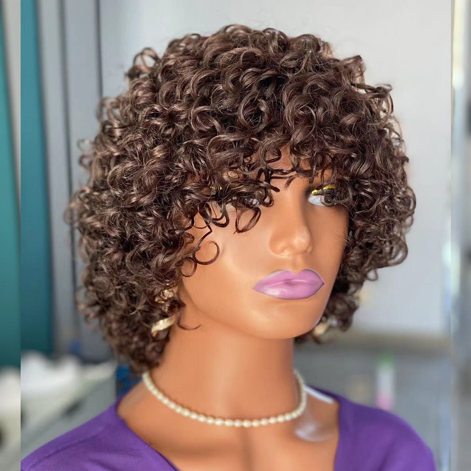Short Curly Human Hair Wig with Bangs – 150% Density - WigWonders