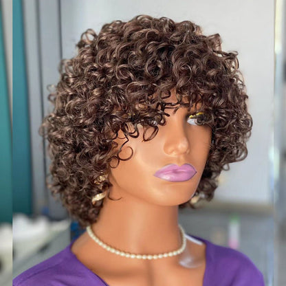 Short Curly Human Hair Wig with Bangs – 150% Density - WigWonders