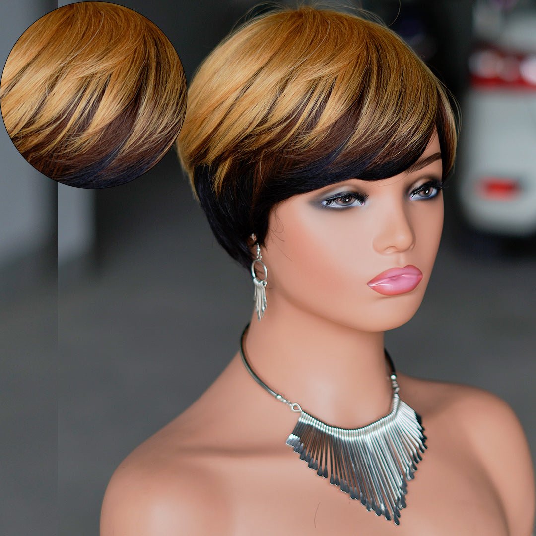 Short Human Hair Machine Made Wig - Ombré Brown to Honey Blonde - WigWonders