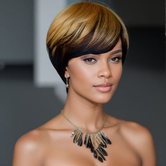Short Human Hair Machine Made Wig - Ombré Brown to Honey Blonde - WigWonders