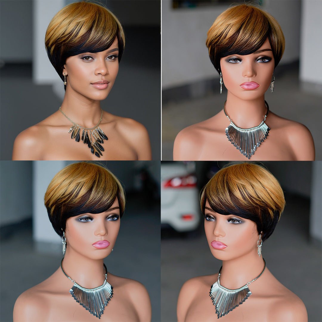 Short Human Hair Machine Made Wig - Ombré Brown to Honey Blonde - WigWonders