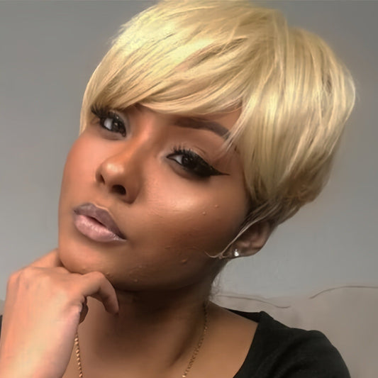 Short Pixie Human Hair Wig - Platinum Blonde - WigWonders