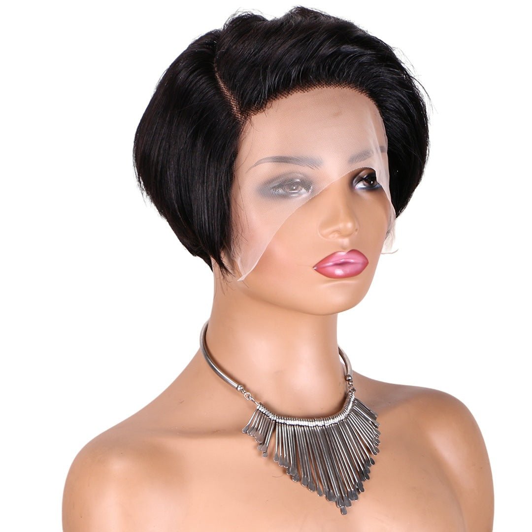 Short T - Lace Bob Pixie Human Hair Wig - 6 - 7" Black - WigWonders