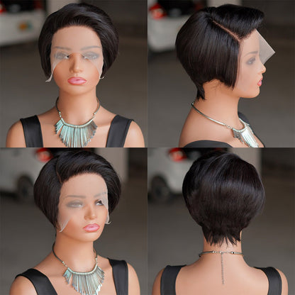 Short T - Lace Bob Pixie Human Hair Wig - 6 - 7" Black - WigWonders