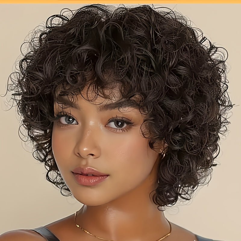Short Voluminous Curly Human Hair Wig with Bangs - WigWonders
