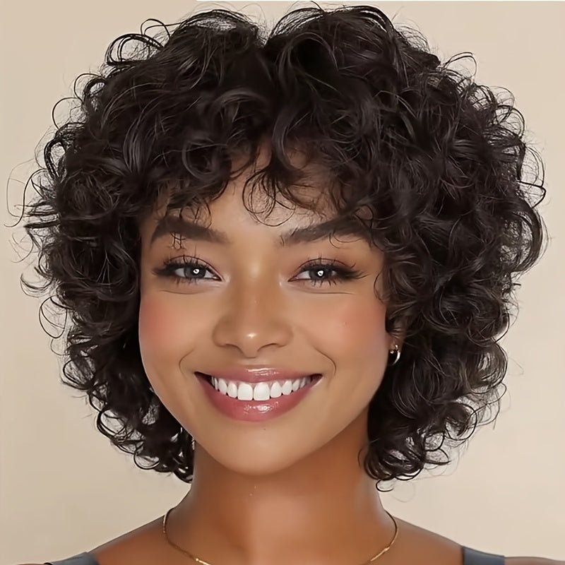 Short Voluminous Curly Human Hair Wig with Bangs - WigWonders