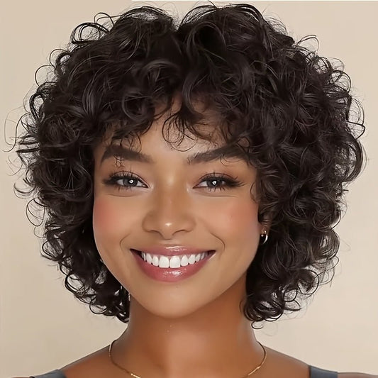 Short Voluminous Curly Human Hair Wig with Bangs - WigWonders
