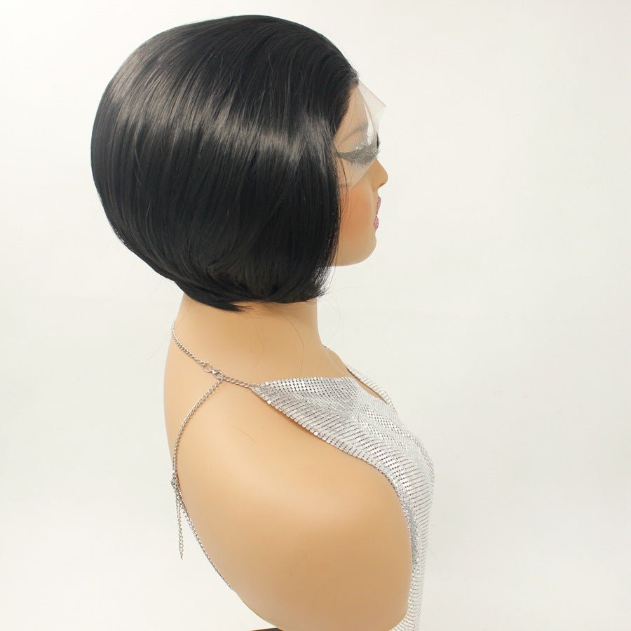 Sleek 6 - inch Black Synthetic Bob Wig - Glueless Front Style - WigWonders
