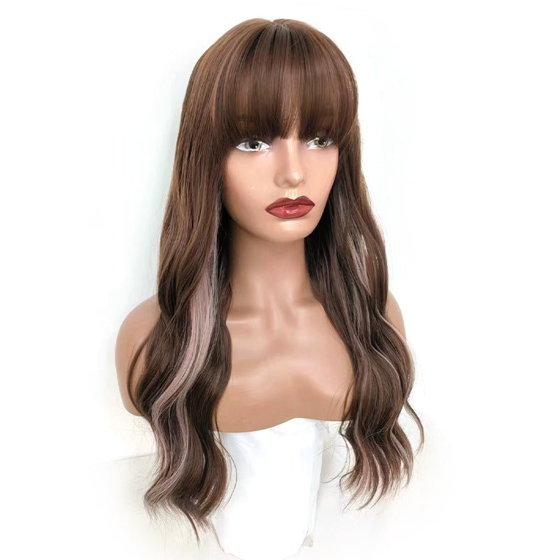 Synthetic Long Wavy Wig with Air Bangs - Brown Highlighted - WigWonders
