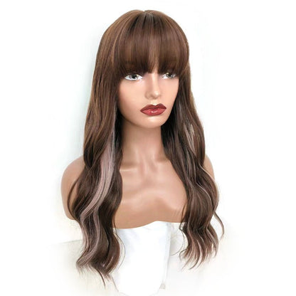 Synthetic Long Wavy Wig with Air Bangs - Brown Highlighted - WigWonders