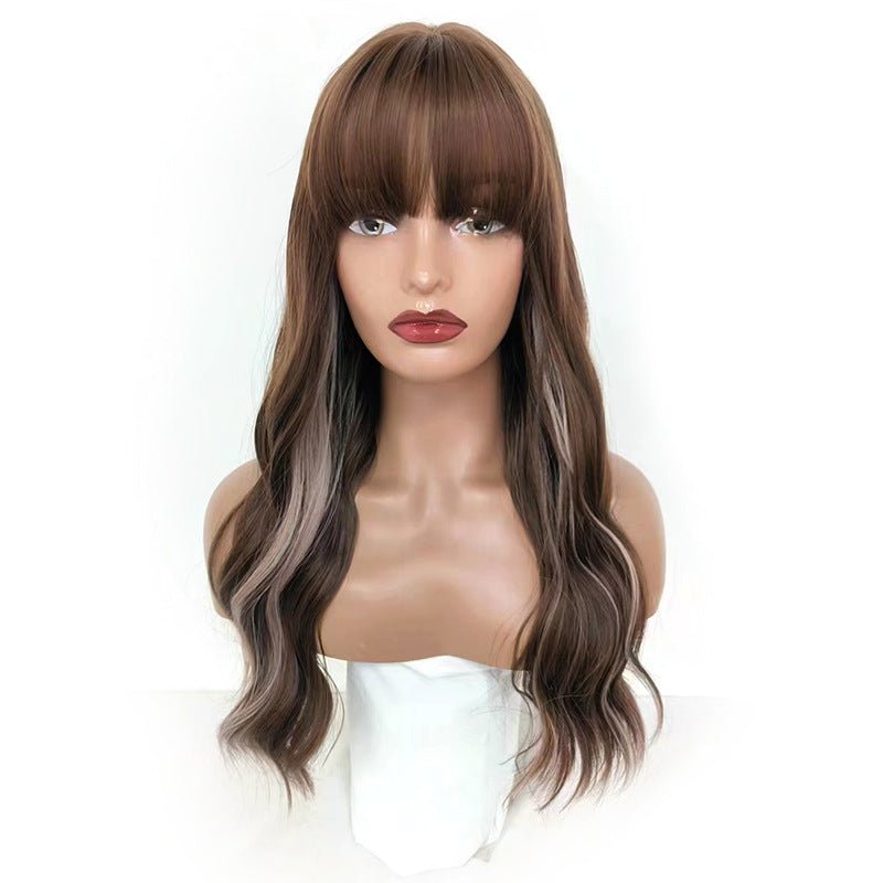 Synthetic Long Wavy Wig with Air Bangs - Brown Highlighted - WigWonders
