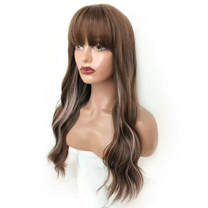 Synthetic Long Wavy Wig with Air Bangs - Brown Highlighted - WigWonders