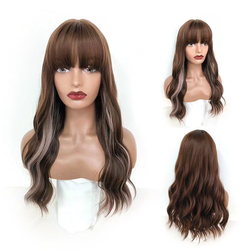 Synthetic Long Wavy Wig with Air Bangs - Brown Highlighted - WigWonders