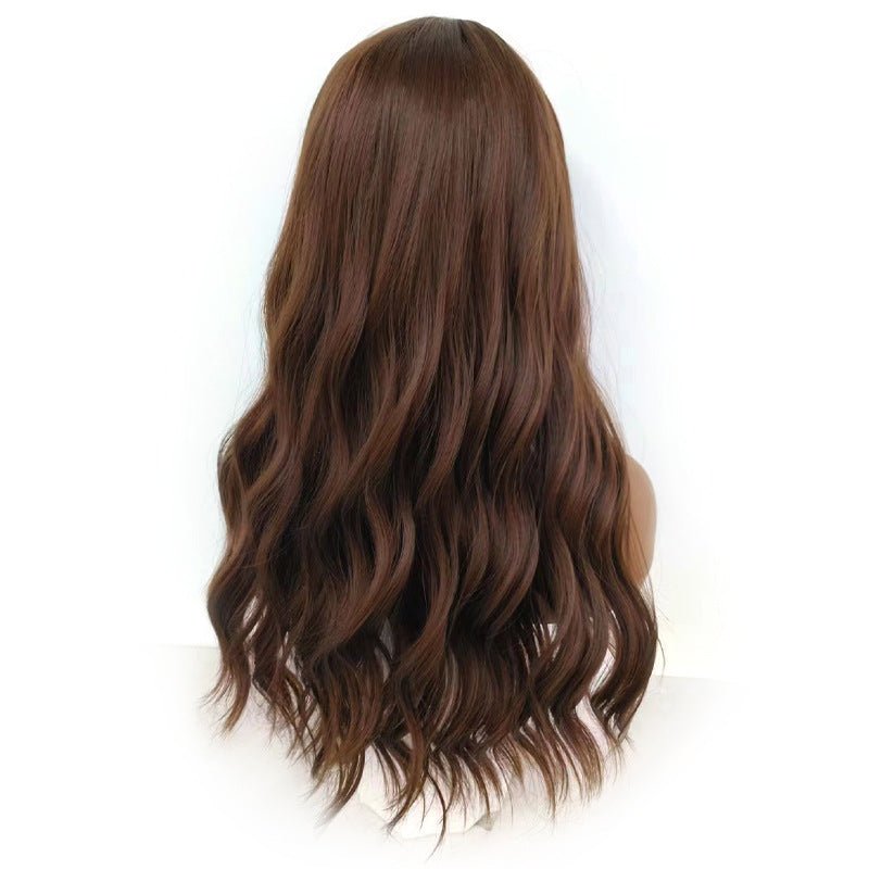 Synthetic Long Wavy Wig with Air Bangs - Brown Highlighted - WigWonders
