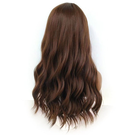 Synthetic Long Wavy Wig with Air Bangs - Brown Highlighted - WigWonders