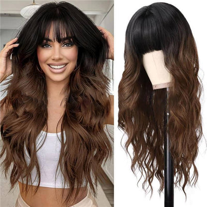Synthetic Long Wavy Wig with Bangs - Body Wave Full Cap - WigWonders