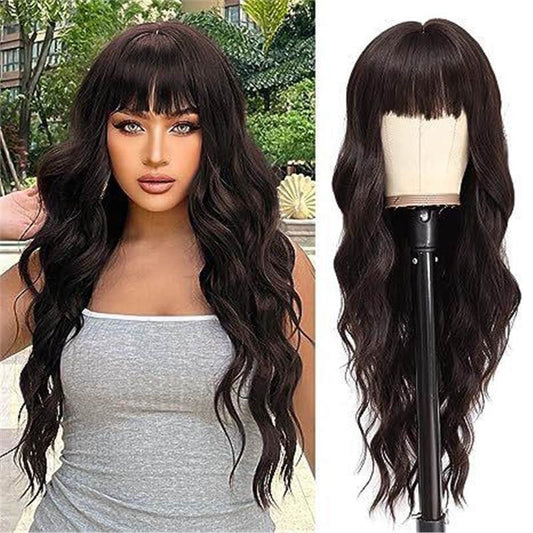 Synthetic Long Wavy Wig with Bangs - Body Wave Full Cap - WigWonders