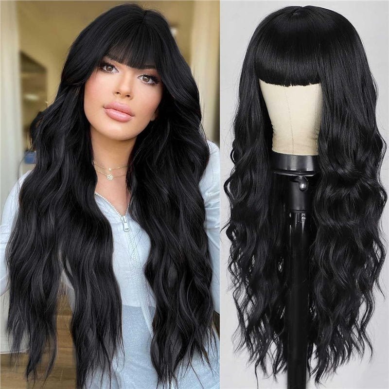 Synthetic Long Wavy Wig with Bangs - Body Wave Full Cap - WigWonders
