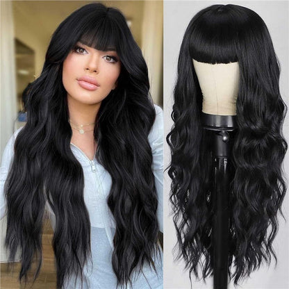 Synthetic Long Wavy Wig with Bangs - Body Wave Full Cap - WigWonders