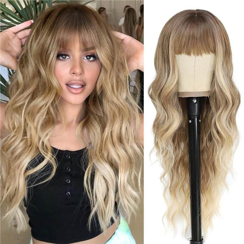Synthetic Long Wavy Wig with Bangs - Body Wave Full Cap - WigWonders