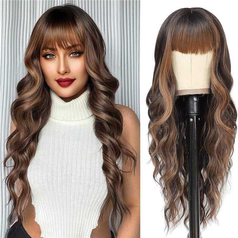 Synthetic Long Wavy Wig with Bangs - Body Wave Full Cap - WigWonders