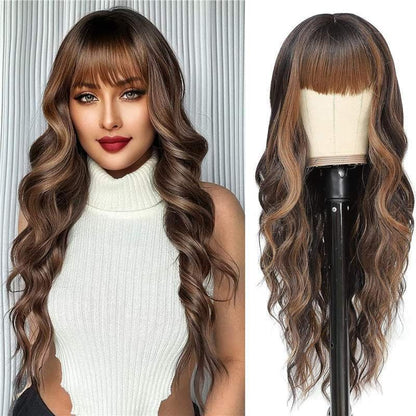 Synthetic Long Wavy Wig with Bangs - Body Wave Full Cap - WigWonders