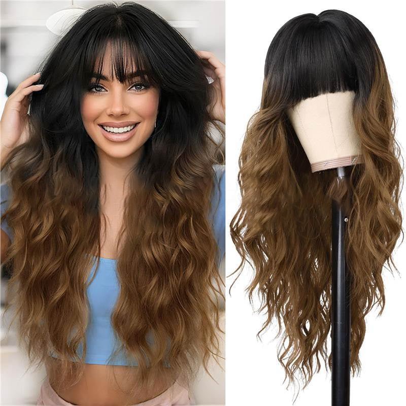 Synthetic Long Wavy Wig with Bangs - Body Wave Full Cap - WigWonders