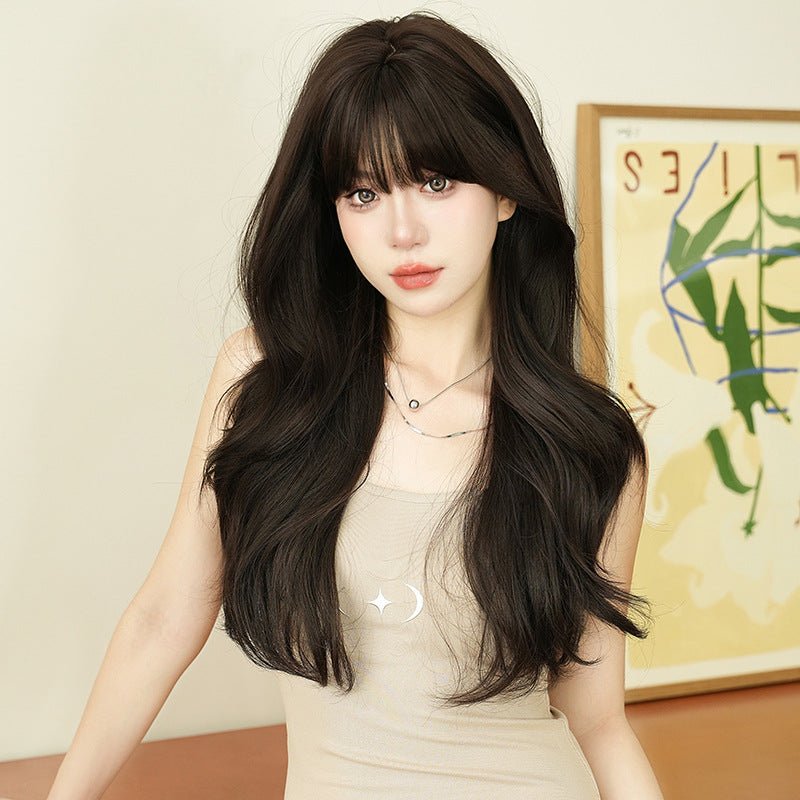 Synthetic Long Wavy Wig with Bangs Full Cap Natural Black - WigWonders