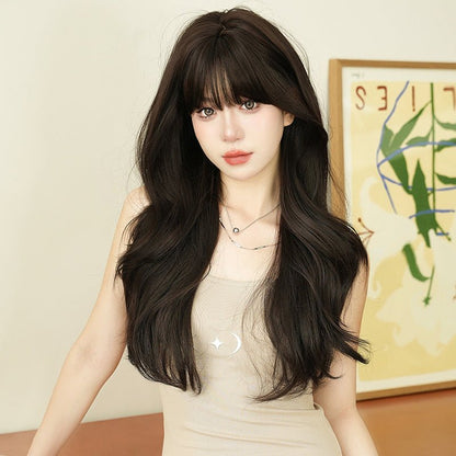 Synthetic Long Wavy Wig with Bangs Full Cap Natural Black - WigWonders