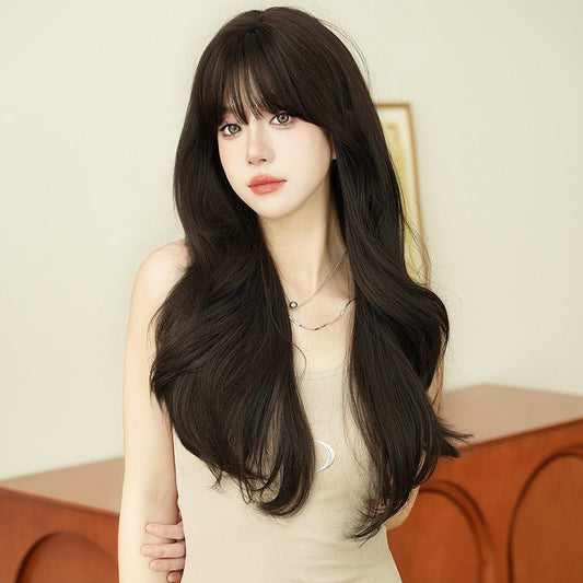 Synthetic Long Wavy Wig with Bangs Full Cap Natural Black - WigWonders