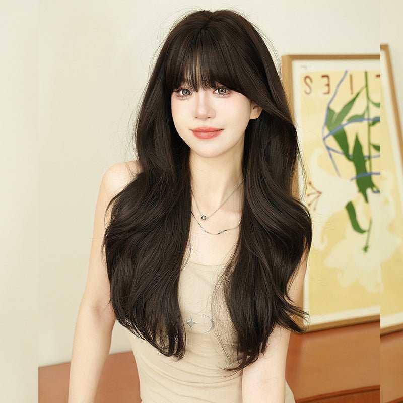 Synthetic Long Wavy Wig with Bangs Full Cap Natural Black - WigWonders