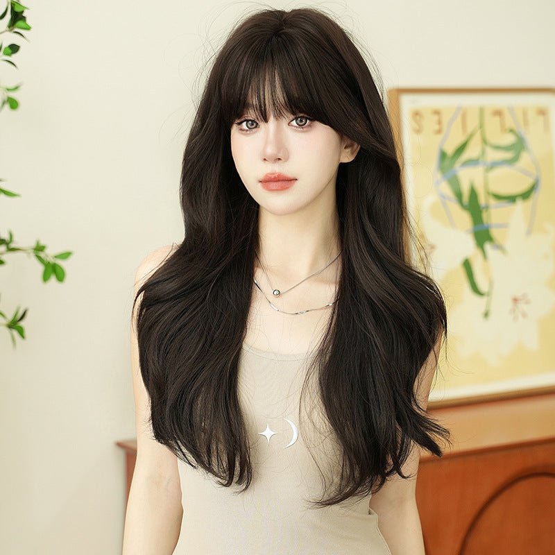 Synthetic Long Wavy Wig with Bangs Full Cap Natural Black - WigWonders