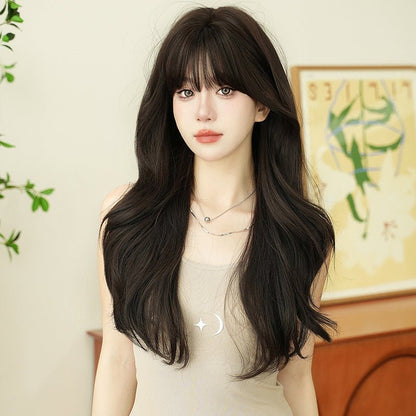 Synthetic Long Wavy Wig with Bangs Full Cap Natural Black - WigWonders