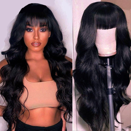 Synthetic Long Wavy Wig with Bangs - Full Cap Rose/Weft Net - WigWonders