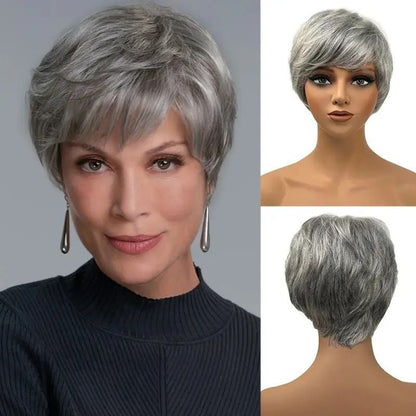 Synthetic Short Curly Pixie Wig - Grey with Side Bangs - WigWonders