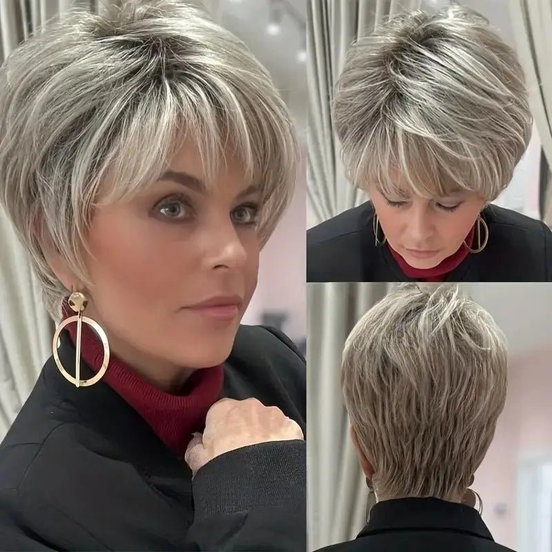 Synthetic Short Curly Pixie Wig - Grey with Side Bangs - WigWonders