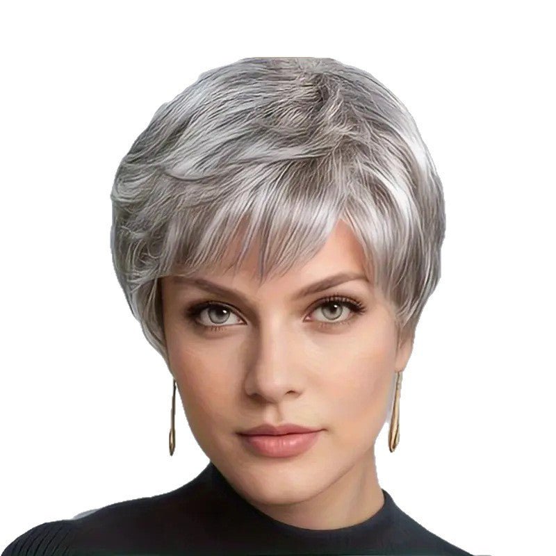 Synthetic Short Curly Pixie Wig - Grey with Side Bangs - WigWonders