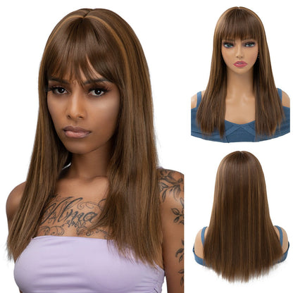 Synthetic Straight Hair Wig with Bangs Highlights Long Full Wig - WigWonders